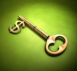 A key with a dollar-sign implemented on a green surface.